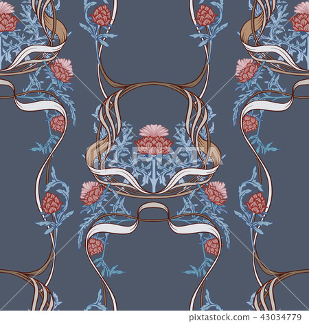 Seamless pattern with thistle flower, background in 
 art nouveau style, vintage, old, retro style 43034779