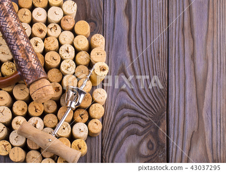 Clay bottle, metal corkscrew and cork 43037295