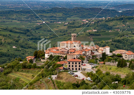 Panoramic view of Smartno in Gorska Brda, Slovenia from above with surrounding vineyards 43039776