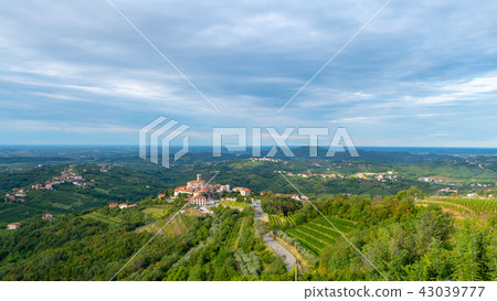 Panoramic view of Smartno in Gorska Brda, Slovenia from above with surrounding vineyards Panoramic view of Smartno in Gorska Brda, Slovenia from above with surrounding vineyards 43039777