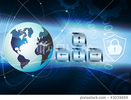 Dark blue background with the outline of the globe with a set of figures in the form of a circle. 43039889