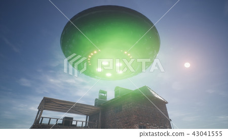 UFO is flying over the house in the desert. 3D Rendering. UFO is flying over the house in the desert. 3D Rendering. 43041555
