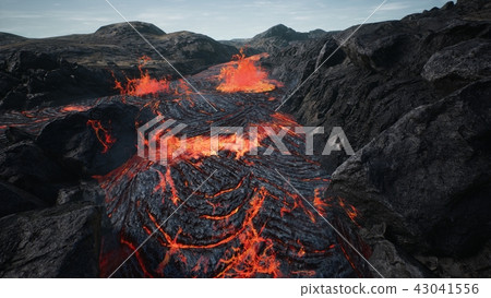 Lava flowing from volcano lava eruption. 3D Rendering. 43041556