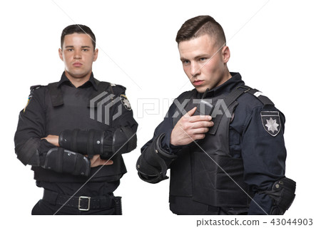 Cops in uniform and body armor on white background 43044903