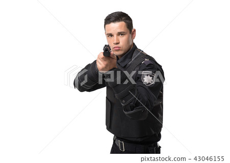 Armed police officer aims with a gun Armed police officer aims with a gun 43046155