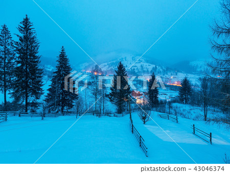 Night winter Carpathian mountain village Night winter Carpathian mountain village 43046374