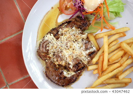 grilled beef steak with french fries grilled beef steak with french fries 43047462