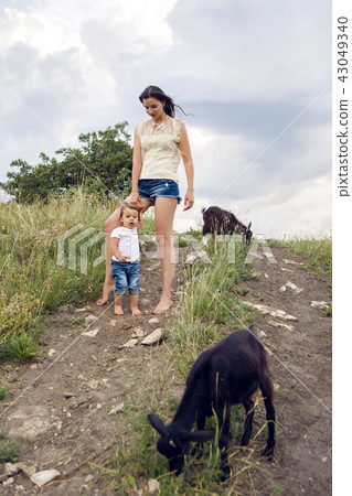 woman with a child in a field on the mountain woman with a child in a field on the mountain 43049340