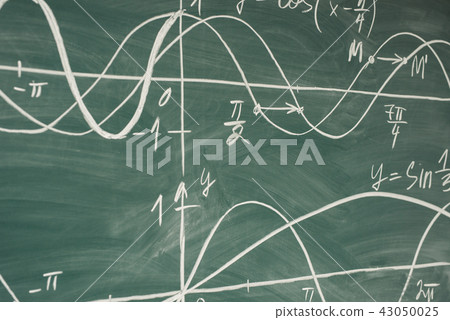 Trigonometry. School Chalkboard Function graphs Math lesson. 43050025