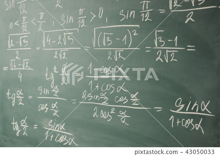 Algebra, mathematics. Trigonometry and elementary functions written on the chalkboard. Algebra, mathematics. Trigonometry and elementary functions written on the chalkboard. 43050033