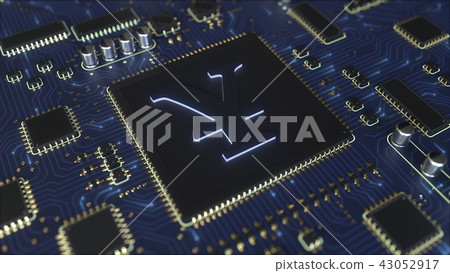 Chipset board with Japanese yen JPY sign. 3D rendering Chipset board with Japanese yen JPY sign. 3D rendering 43052917