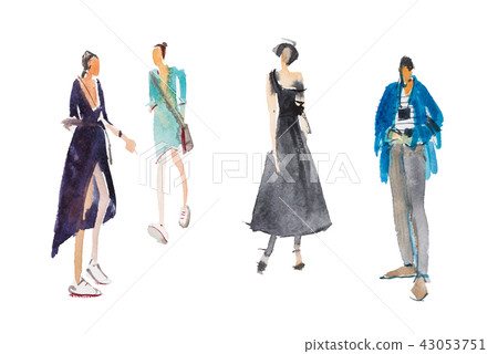 Different types of walking people Watercolor illustration Quick sketch drawing. 43053751