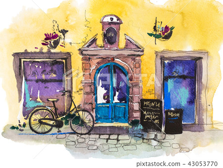 Exterior of vintage charming cafe terrace European retro restaurant Watercolor illustration. Exterior of vintage charming cafe terrace European retro restaurant Watercolor illustration. 43053770