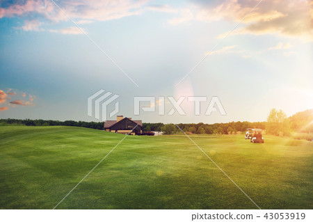 Golf cars on trimmed lawn, game course at sunset Golf cars on trimmed lawn, game course at sunset 43053919