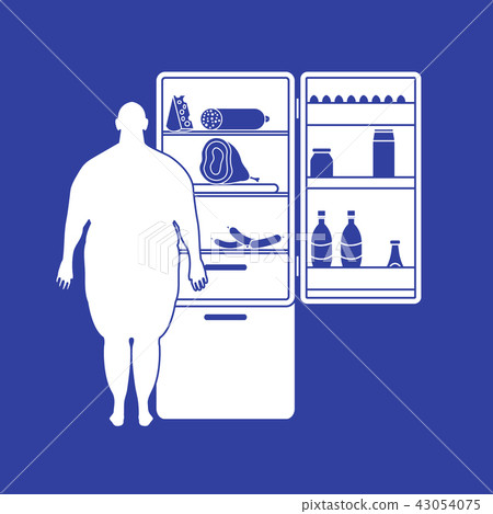 Fat man stands at the fridge full of food Harmful 43054075