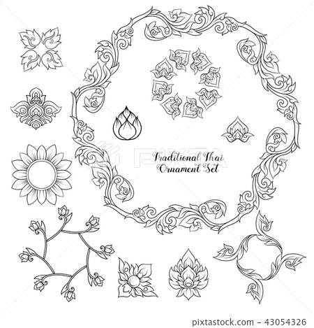 Set of outline decorative elements of traditional Thai ornament. 43054326