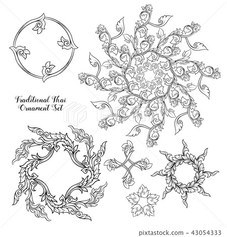 Set of outline decorative elements of traditional Thai ornament. 43054333