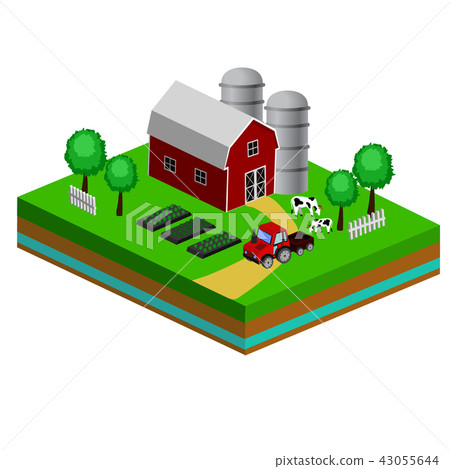 Isometric Red Barn And Trees cows vector illustration 43055644