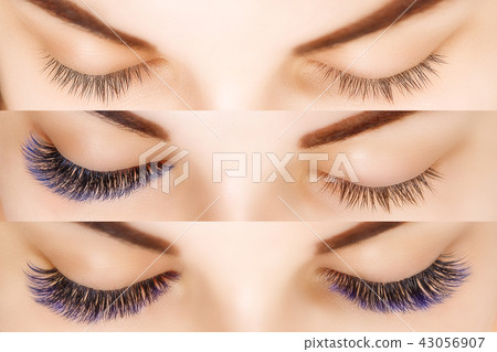 Eyelash Extension. Comparison of female eyes before and after. Blue ombre lashes. 43056907