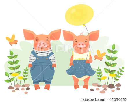 two pigs holding balloon two pigs holding balloon 43059662
