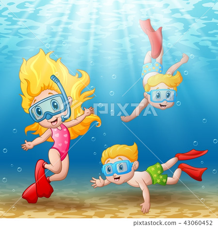 Three Kids Swimming And Diving Underwater 图库插图