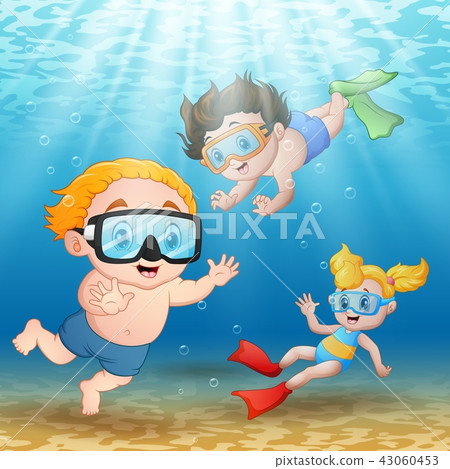 Three kids swimming and diving underwater Three kids swimming and diving underwater 43060453