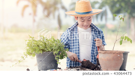 Asian boy prepare black soil to little plant on in the garden. 43064473