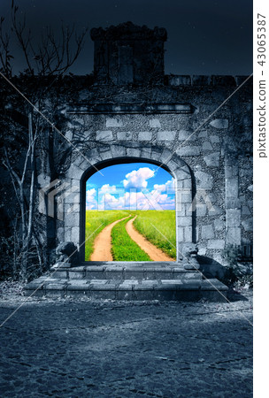 Dirt road in green meadow in open door  43065387