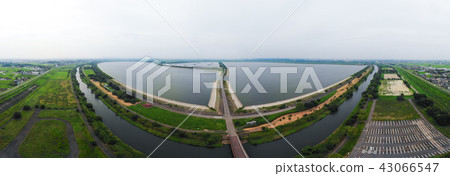 Drawing panorama photo Watarase sedimentary land · landscape of Yanaka lake 43066547