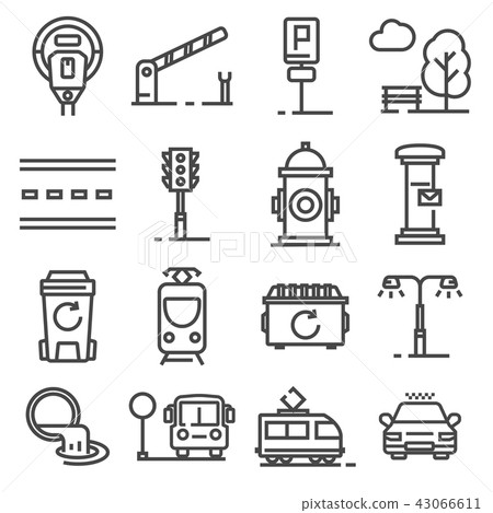 Vector gray line city amenities icons set 43066611