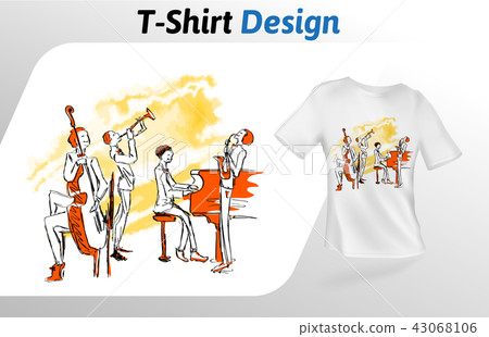 Jazz musicians playing together, t-shirt print. Mock up t-shirt design template. Vector template Jazz musicians playing together, t-shirt print. Mock up t-shirt design template. Vector template 43068106