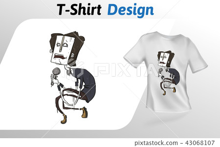 Funny cartoon rock singer with mic, flat t-shirt print. Mock up t-shirt design template. Vector Funny cartoon rock singer with mic, flat t-shirt print. Mock up t-shirt design template. Vector 43068107
