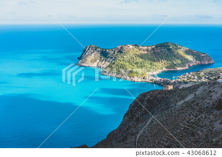 View of Assos village and beautiful blue sea bay, Kefalonia island, Greece View of Assos village and beautiful blue sea bay, Kefalonia island, Greece 43068612