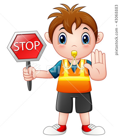 Cartoon boy holding a stop sign Cartoon boy holding a stop sign 43068883
