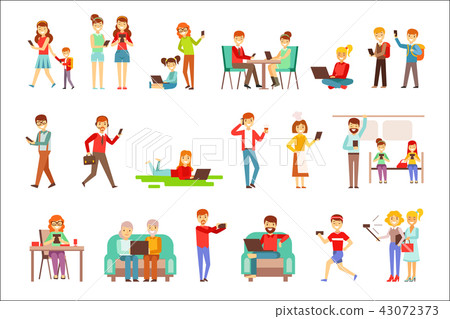 People Being Obsessed With Gadgets Set Of Illustrations 43072373