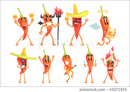 Chili Pepper Cartoon Character Emotion Illustrations Set 43072855