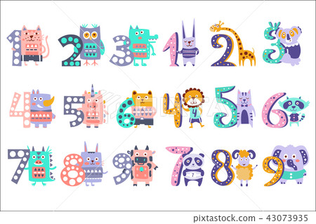 Stylized Funky Animals Standing Next To Digits Sticker Set Stylized Funky Animals Standing Next To Digits Sticker Set 43073935