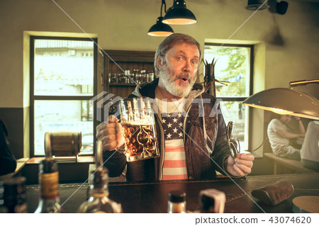 The senior bearded male drinking beer in pub The senior bearded male drinking beer in pub 43074620