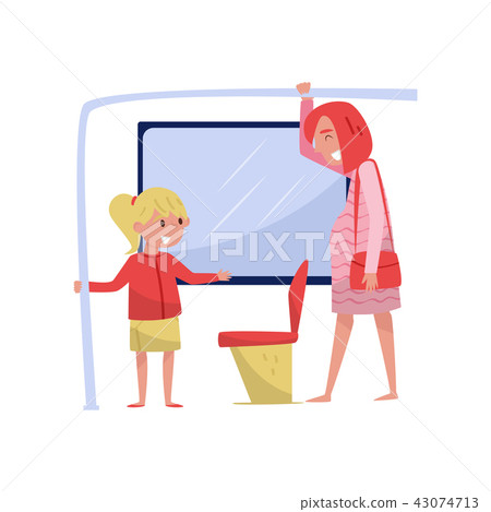 Cute little girl on the bus gives way seat to young pregnant woman. Child with good manners. Flat Cute little girl on the bus gives way seat to young pregnant woman. Child with good manners. Flat 43074713