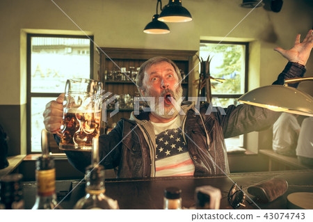 The senior bearded male drinking beer in pub The senior bearded male drinking beer in pub 43074743