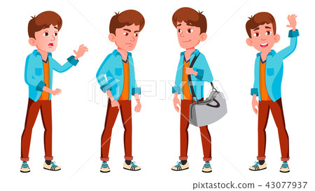 Teen Boy Poses Set Vector. Positive Person. For Postcard, Cover, Placard Design. Isolated Cartoon 43077937