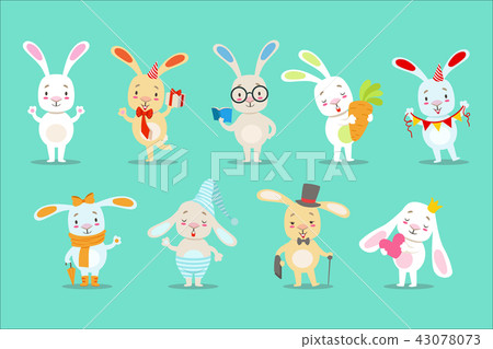 Little Girly Cute White Bunny Cartoon Character Different Activities And Situations Set OF Vector Little Girly Cute White Bunny Cartoon Character Different Activities And Situations Set OF Vector 43078073
