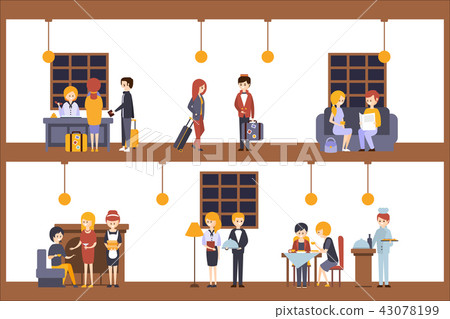 Two Illustrations, Scenes In The Hotel At Reception And Restaurant Two Illustrations, Scenes In The Hotel At Reception And Restaurant 43078199