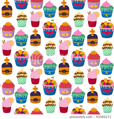Cute vector cupcakes and muffins chocolate seamless pattern background celebration birthday food Cute vector cupcakes and muffins chocolate seamless pattern background celebration birthday food 43080271