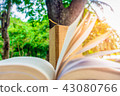 The book and notebook is placed on a table in the  43080766