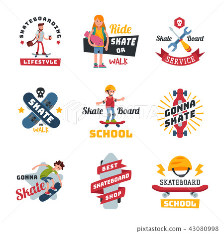 Skateboarders people tricks silhouettes sport badge extreme action active skateboarding urban young 43080998