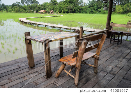 wooden terrace near paddy rice field 43081937