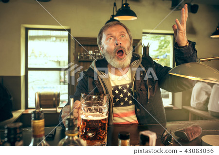 The senior bearded male drinking beer in pub The senior bearded male drinking beer in pub 43083036