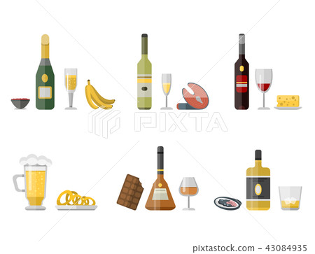 Alcohol drinks beverages cocktail appetizer bottle lager container drunk different snacks glasses 43084935