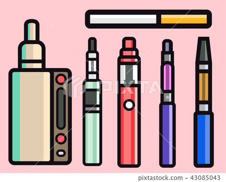 Vape device vector set cigarette vaporizer vapor juice bottle flavor illustration battery coil. Vape device vector set cigarette vaporizer vapor juice bottle flavor illustration battery coil. 43085043